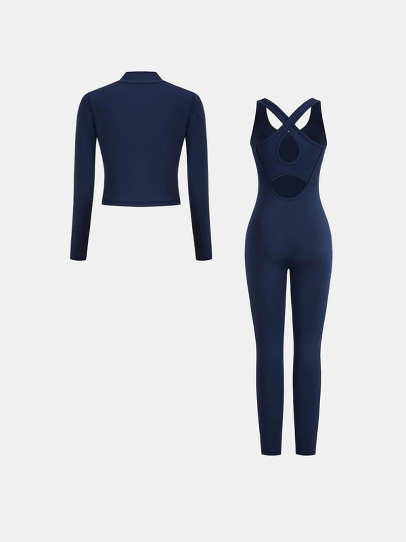 Zip up Crop Top & Cut Out Overalls Jumpsuit Two-Piece Set